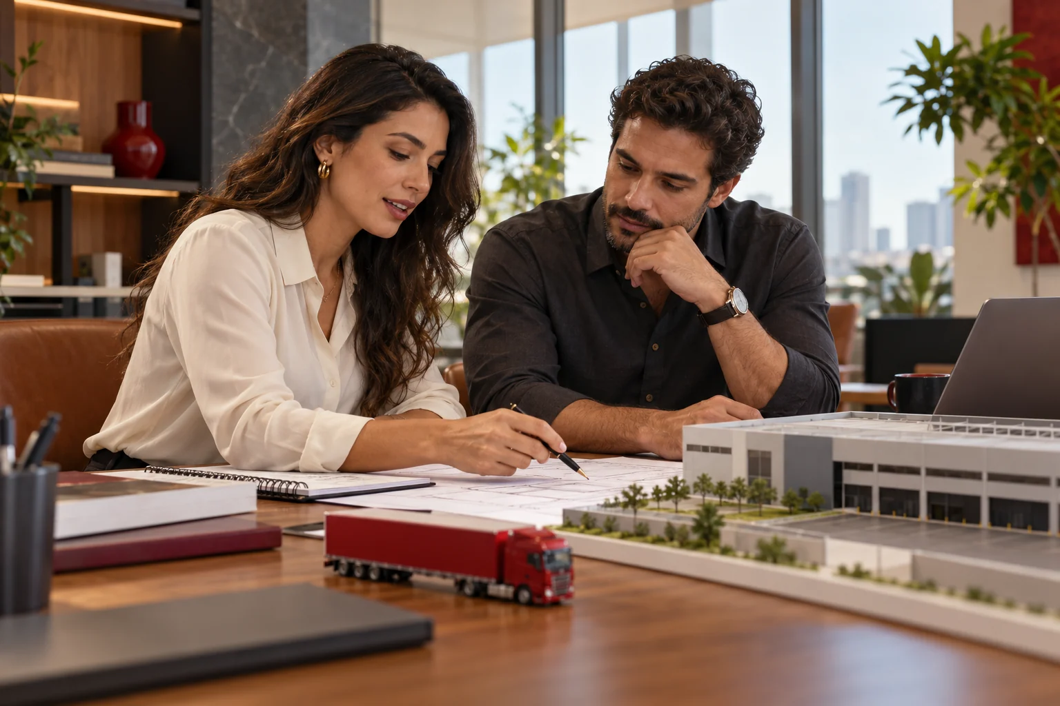 Profissionais conversando sobre um projeto em uma mesa de trabalho